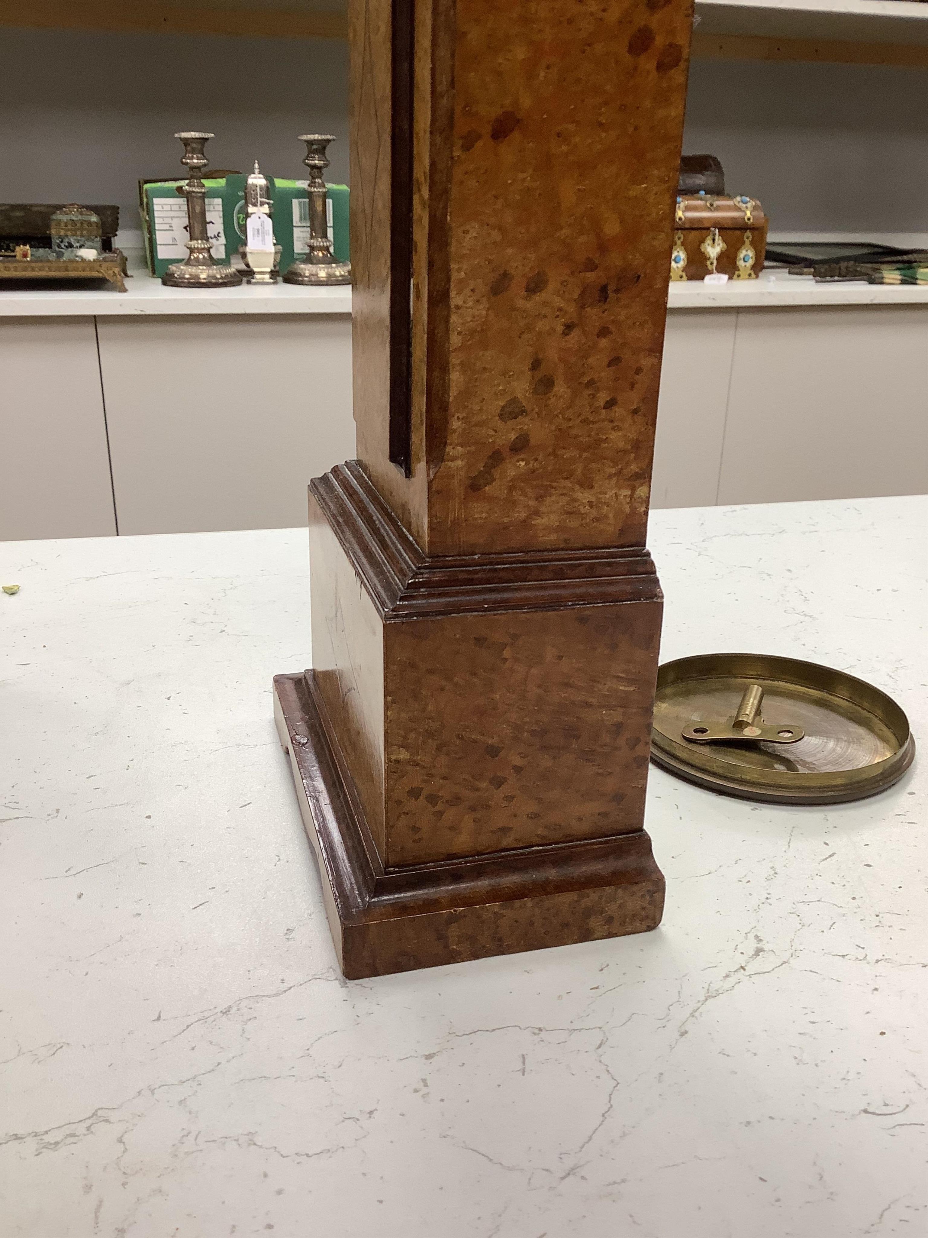 A small French amboyna model of a longcase timepiece, with key, 44cm high